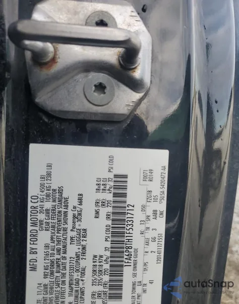 2015 Ford Mustang из США, поврежденный, VIN 1FA6P8TH1F5331712